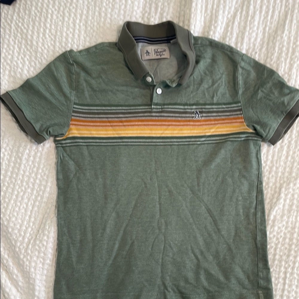 Original Penguin Green Polo with Yellow-Orange Chest Stripes